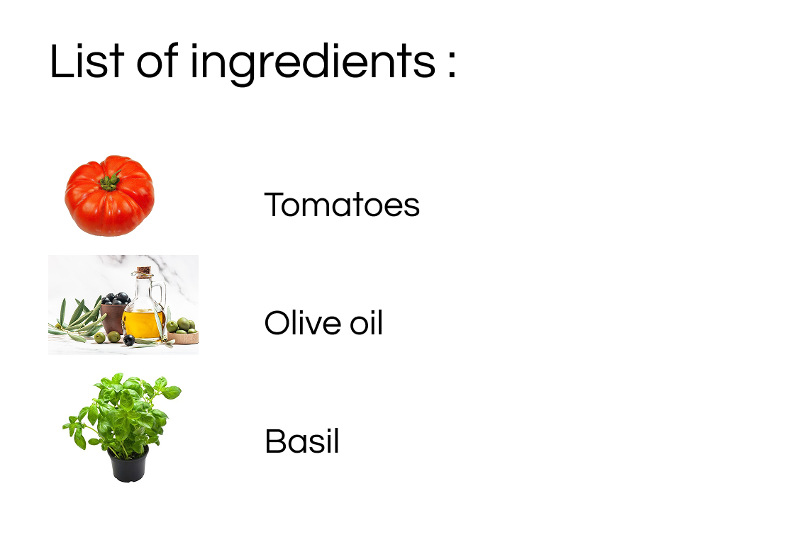 List of ingredients including tomatoes, olive oil and basil
