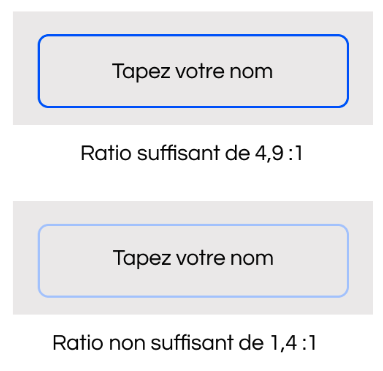exemple d'un ratio de contraste suffisant (4.9:1) et insuffisant (1.4:1) pour un composant interactif comme un contour de bouton.